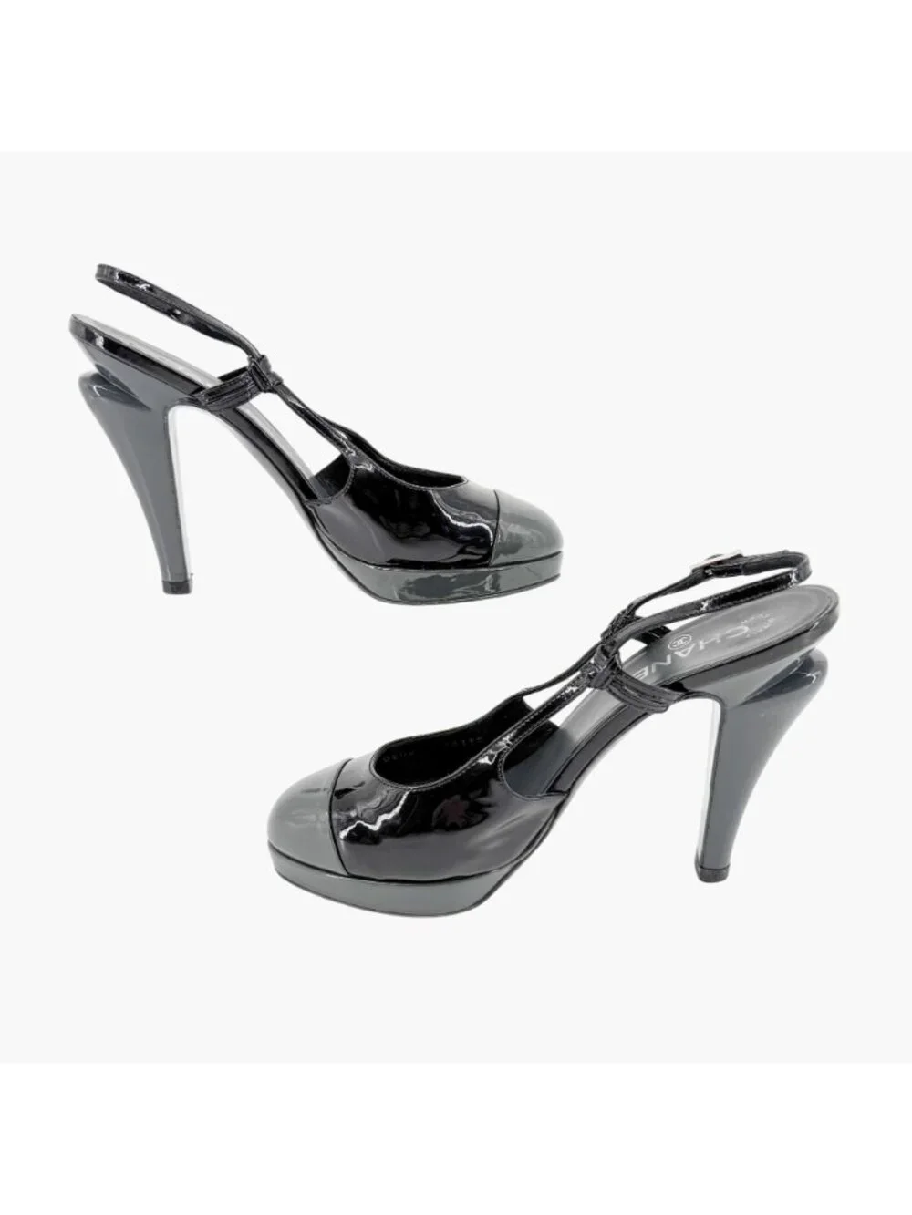 Chanel Cap Toe Slingback Pump Size 38.5 US 7.5-8 Black Patent Platform High Heel